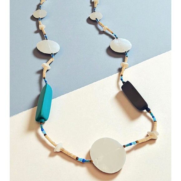 Shell Glass & Wood Bead Necklace Teal Purple Ocean Salt Life 32" - Picture 1 of 6